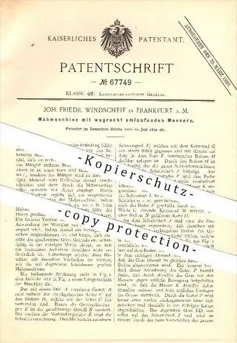original Patent - Joh. F. Windscheif in Frankfurt a. M. , 1892 , Mähmaschine mit waagerecht umlaufenden Messern !!!