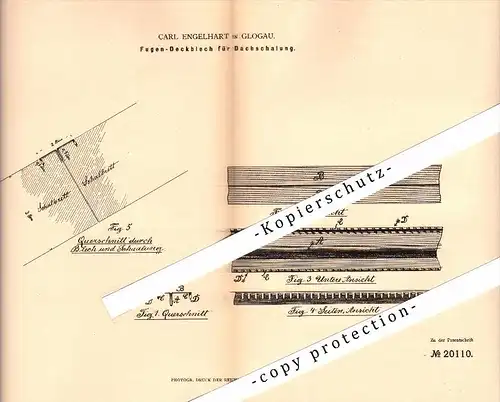 Original Patent - Carl Engelhart in Glogau / Glogow , 1882 , Fugen-Deckblech für Dach , Dachdecker !!!