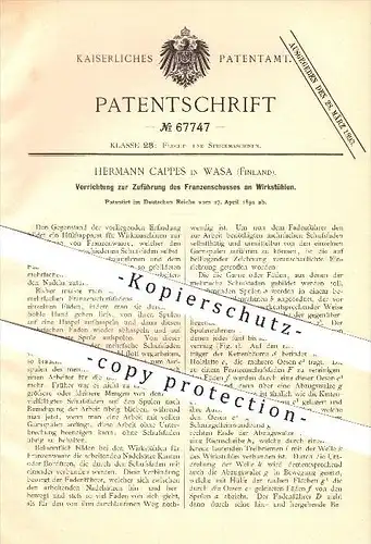 original Patent - Hermann Cappes in Vaasa / Wasa , Finnland , 1892, Apparat für Wirkstühle , Strickerei !!!