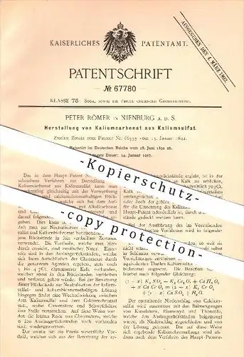 original Patent - Peter Römer in Nienburg a. d. S. , 1892 , Herstellung von Kaliumcarbonat aus Kaliumsulfat !!!