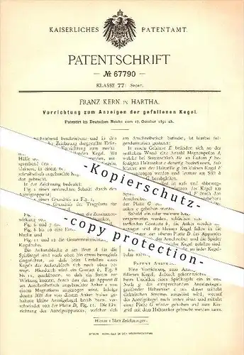 original Patent - Franz Kern in Hartha , 1891 , Vorrichtung zum Anzeigen der gefallenen Kegel , Kegeln !!!