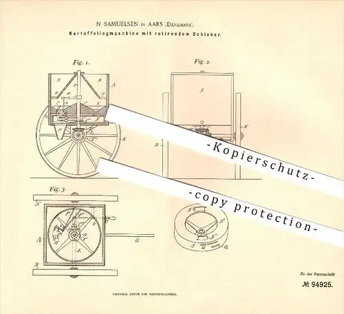 original Patent - N. Samuelsen in Aars , Dänemark , 1896 , Kartoffellegmaschine mit rotierendem Schieber !!!