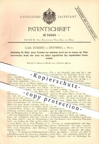 original Patent - Carl Dörries in Herzberg am Harz , 1897 , Abdichtung für Filter, deren Trommel aus mehr Teilen besteht
