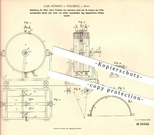 original Patent - Carl Dörries in Herzberg am Harz , 1897 , Abdichtung für Filter, deren Trommel aus mehr Teilen besteht