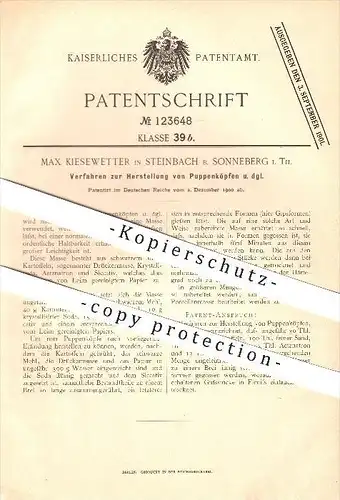 original Patent - Max Kiesewetter in Steinbach b. Sonneberg i. Th. , 1900 , Herstellung von Puppenköpfen , Puppen !