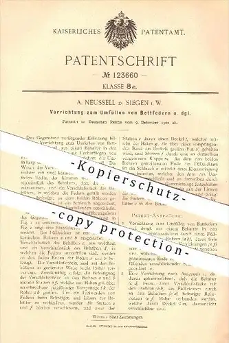 original Patent - A. Neussell in Siegen i. W. , 1900 , Vorrichtung zum Umfüllen von Bettfedern !!!