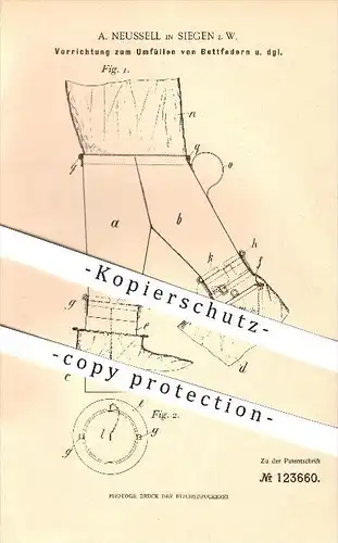 original Patent - A. Neussell in Siegen i. W. , 1900 , Vorrichtung zum Umfüllen von Bettfedern !!!