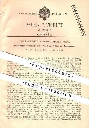 original Patent - Nicolas Kotko in Dorf Kussary , Russland , 1900 , Zangenartiger Schraubstock mit Trethebel !!!