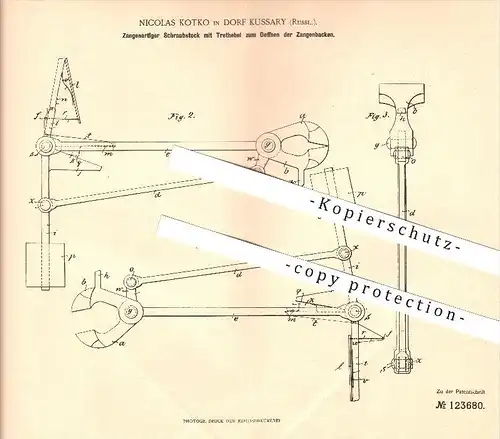 original Patent - Nicolas Kotko in Dorf Kussary , Russland , 1900 , Zangenartiger Schraubstock mit Trethebel !!!