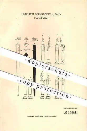 original Patent - Friedrich Soennecken in Bonn , 1880 , Federhalter , Schreibmaterialien !!!