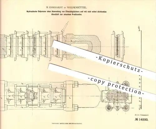 original Patent - M. Ehrhardt in Wolfenbüttel , 1881 , Hydraulische Ölpresse , Pressen , Hydraulik !!!