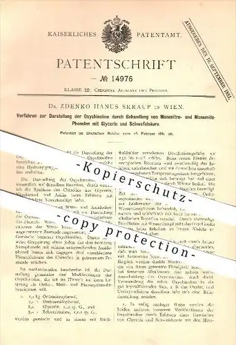 original Patent - Dr. Zdenko Hanus Skraup in Wien , 1881 , Verfahren zur Darstellung der Oxychinoline !!!
