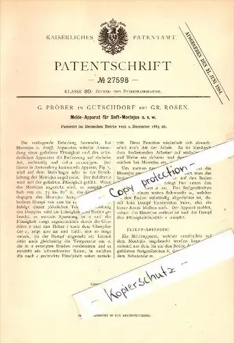Original Patent - Gustav Pröber in Gutschdorf b. Groß Rosen , 1883 , Meldeapparat für Saft , Strzegom , Rogoznica !!
