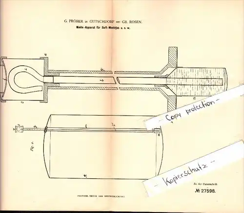 Original Patent - Gustav Pröber in Gutschdorf b. Groß Rosen , 1883 , Meldeapparat für Saft , Strzegom , Rogoznica !!
