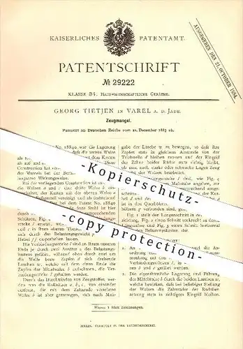 original Patent - Georg Tietjen in Varel a. d. Jade , 1883 , Zeugmangel , Wäscherei , Haushalt !!!