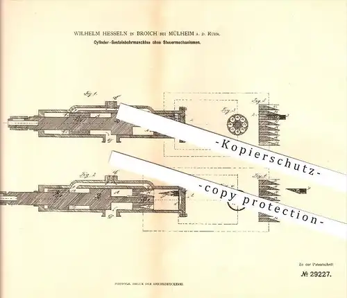 original Patent - Wilhelm Hesseln in Broich bei Mülheim a. d. Ruhr , 1884 , Zylinder Gesteinbohrmaschine , Bergbau !!!