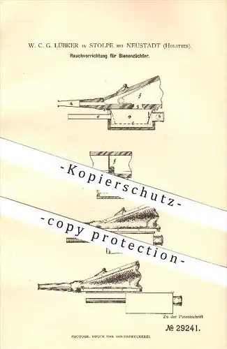 original Patent - W. C. G. Lübker in Stolpe bei Neustadt , 1884 , Rauchvorrichtung für Bienenzüchter , Imker !!!