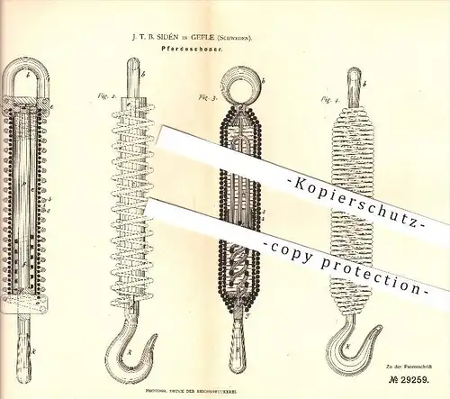 original Patent - J. T. B. Sidén in Gefle / Gävle , Schweden , 1883 , Pferdeschoner , Pferdegeschirr , Pferde !!!