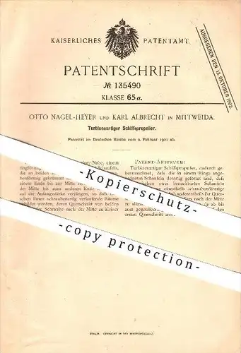 original Patent - Otto Nagel-Heyer & Karl Albrecht in Mittweida , 1901 , Turbinenartiger Schiffspropeller , Schiffbau !!