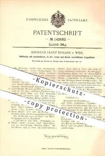 original Patent - Hermann Franz Donath in Wien , 1901 , Bettboden mit abnehmbarer , verstellbarer Liegefläche !!!