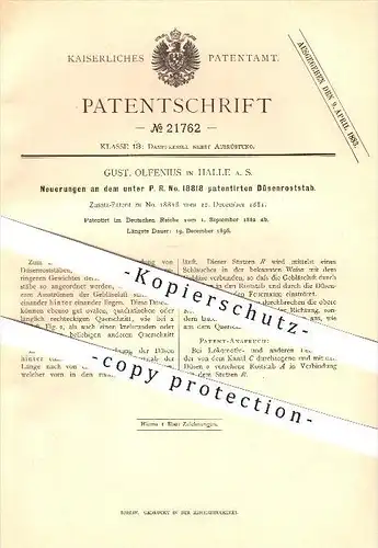 original Patent - Gust. Olfenius in Halle a. S. , 1882 , Neuerungen am Düsenroststab , Dampfkessel !!!
