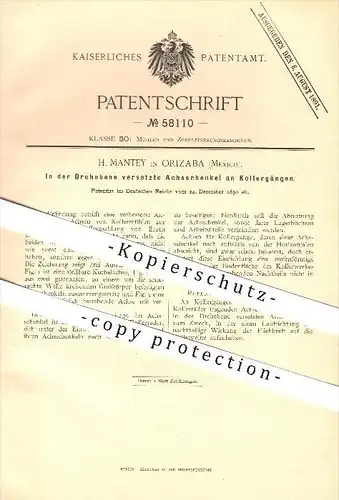 original Patent - H. Mantey in Orizaba , Mexiko , 1890 , Versetzte Achsschenkel an Kollergängen , Mühlen !!!