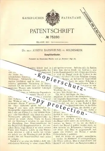 original Patent - Dr. med. Joseph Bassfreund in Hildesheim , 1892 , Dampfsterilisator , Gesundheitspflege !!!