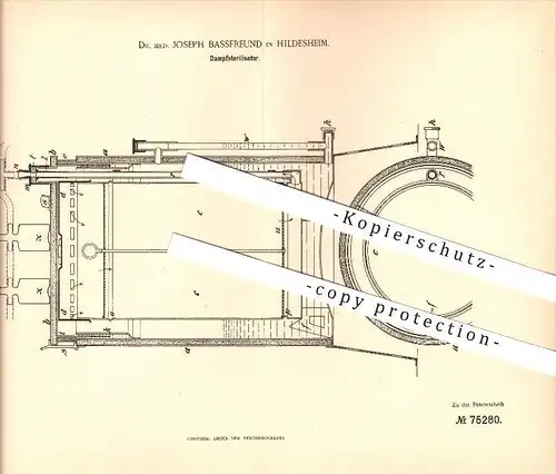 original Patent - Dr. med. Joseph Bassfreund in Hildesheim , 1892 , Dampfsterilisator , Gesundheitspflege !!!