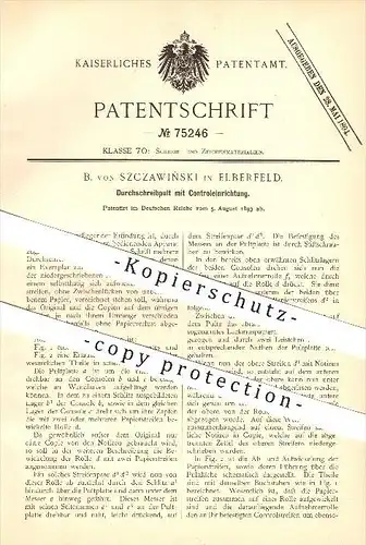 original Patent - B. von Szczawinski in Elberfeld , 1893 , Durchschreibpult mit Kontrolleinrichtung , Wuppertal !!!