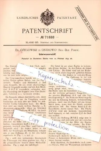 Original Patent - Dr. Ozegowski in Ostrowo , Reg.-Bez. Posen , 1893 , Unterwasserschiff , U-Boot  !!!
