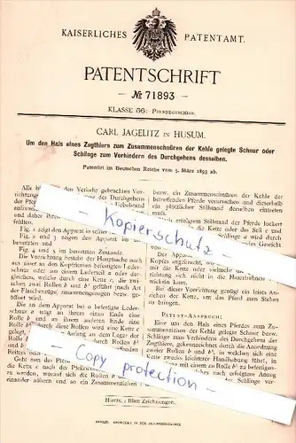 Original Patent - Carl Jagelitz in Husum , 1893 , Pferdegeschirr !!!