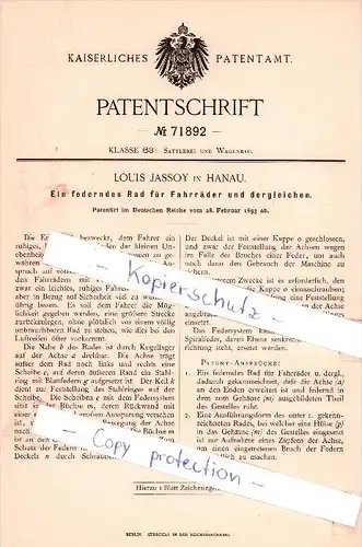 Original Patent - Louis Jassoy in Hanau , 1893 , federndes Rad für Fahrräder  !!!