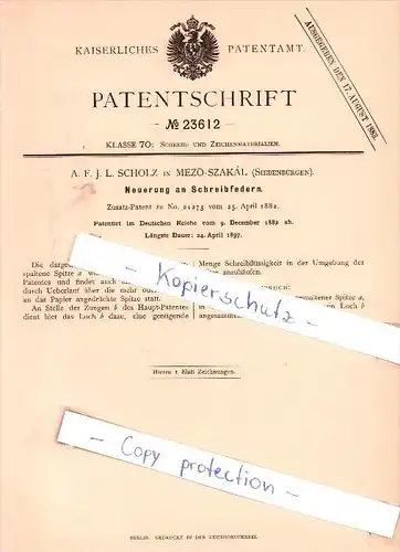 Original Patent - A. F. J. L. Scholz in Mezö-Szakal , Siebenbürgen , 1882 , Neuerung an Schreibfedern !!!