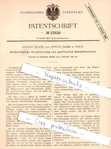 Original Patent - G. Plate und A. Jäger in Wien , 1883 , Selbstthätige Vergitterung von Schubfenstern !!!