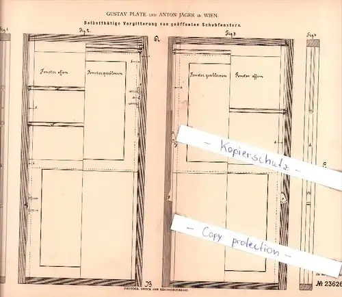 Original Patent - G. Plate und A. Jäger in Wien , 1883 , Selbstthätige Vergitterung von Schubfenstern !!!