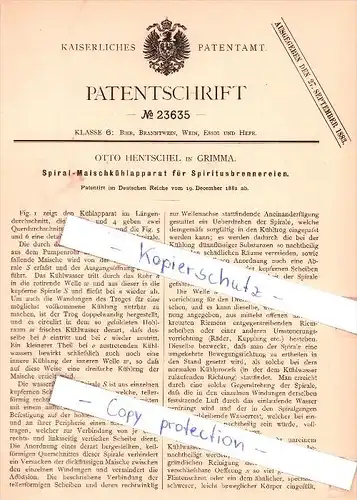 Original Patent - O. Hentschel in Grimma , 1882 , Maischkühlapparat für Spiritusbrennereien , Brennerei , Alkohol !!!