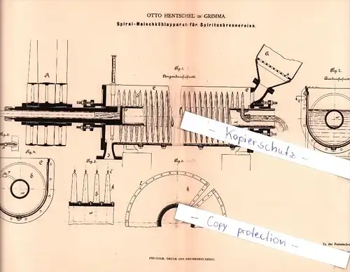 Original Patent - O. Hentschel in Grimma , 1882 , Maischkühlapparat für Spiritusbrennereien , Brennerei , Alkohol !!!