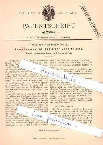 Original Patent - O. Wirth in Neuschönefeld b. Leipzig , 1883 , Vacuumapparat mit Kugelrohr-Dampfheizung !!!