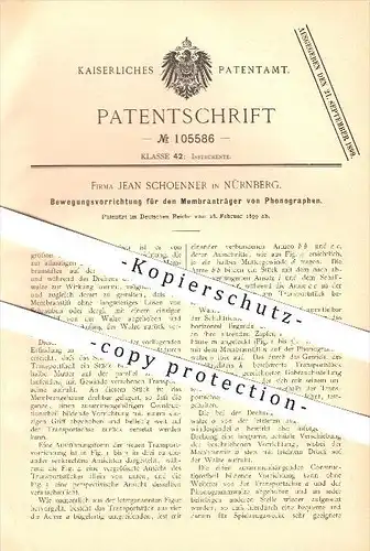 original Patent - Jean Schoenner in Nürnberg , 1899 , Bewegungsvorrichtung für den Membrantäger von Phonographen !!!