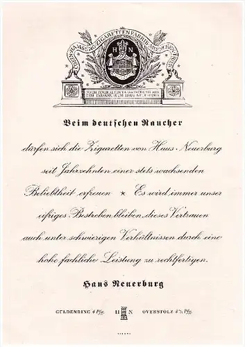 original Werbung - 1941 - Zigaretten-Fabrik , Haus Neuerburg , Tabakmuseum , Cigaretten , Güldenring , Overstolz , Köln