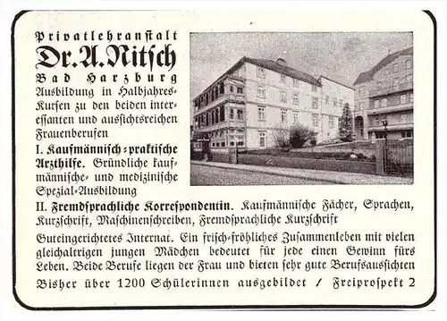original Werbung - 1941 - Dr. Nitsch in Bad Harzburg , Privat-Lehranstalt , Schule Arzt , Krankenhaus !!!