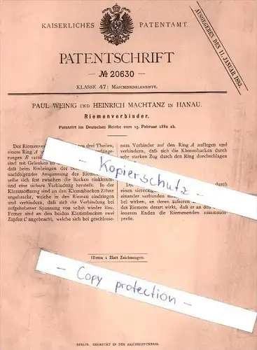 Original Patent - Paul Weinig und Heinrich Machtanz in Hanau , 1882 , Riemenverbinder !!!