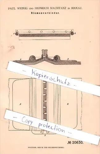 Original Patent - Paul Weinig und Heinrich Machtanz in Hanau , 1882 , Riemenverbinder !!!