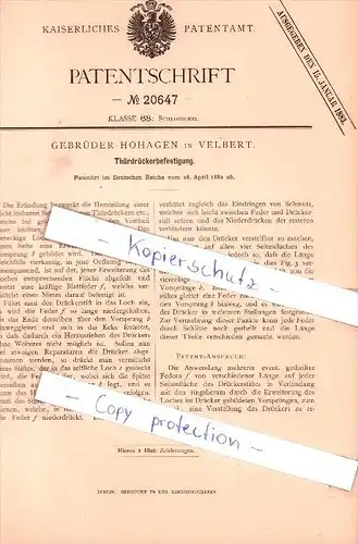 Original Patent - Gebrüder Hohagen in Velbert , 1882 , Thürdrückerbefestigung !!!