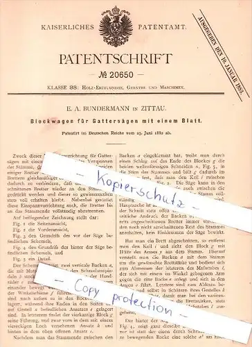 Original Patent - E. A. Bundermann in Zittau , 1882 , Blockwagen für Gattersägen , Sägewerk !!!