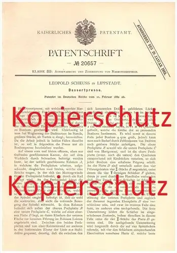 Original Patent - Leopold Scheuss in Lippstadt , 1882 , Dessertpresse , Presse für Dessert , Pudding !!!