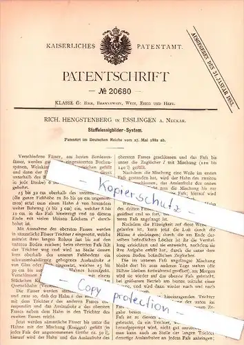 Original Patent - Rich. Hengstenberg in Esslingen a. Neckar , 1882 , Staffelessigbilder-System , Brauerei , Alkohol !!!