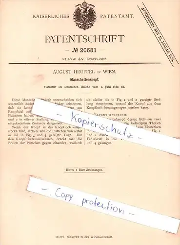 Original Patent - August Heuffel in Wien , 1882 , Manschettenknopf !!!