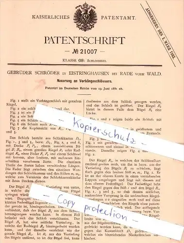 Original Patent - Gebrüder Schröder in Eistringhausen bei Rade vorm Wald , 1881 , Radevormwald , Schlosserei !!!