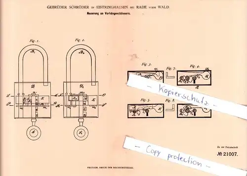 Original Patent - Gebrüder Schröder in Eistringhausen bei Rade vorm Wald , 1881 , Radevormwald , Schlosserei !!!